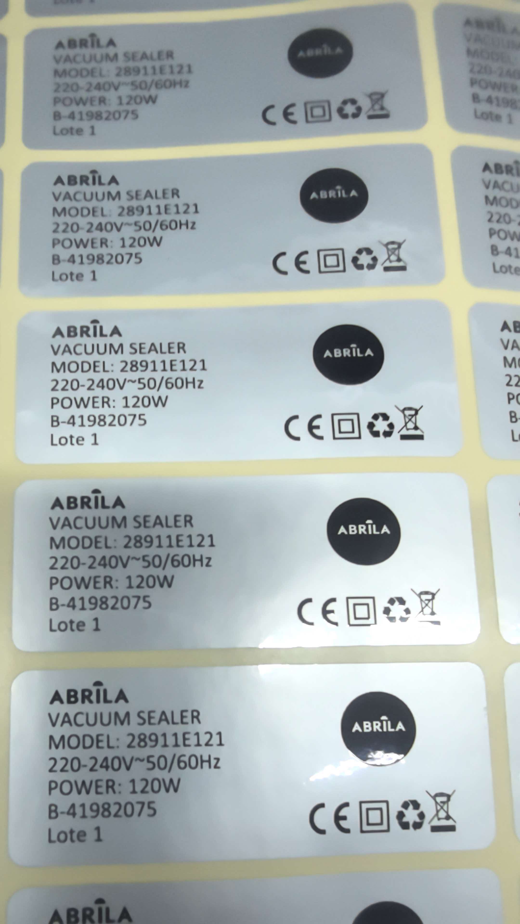 Abrila vacuum sealer product specification and compliance labels